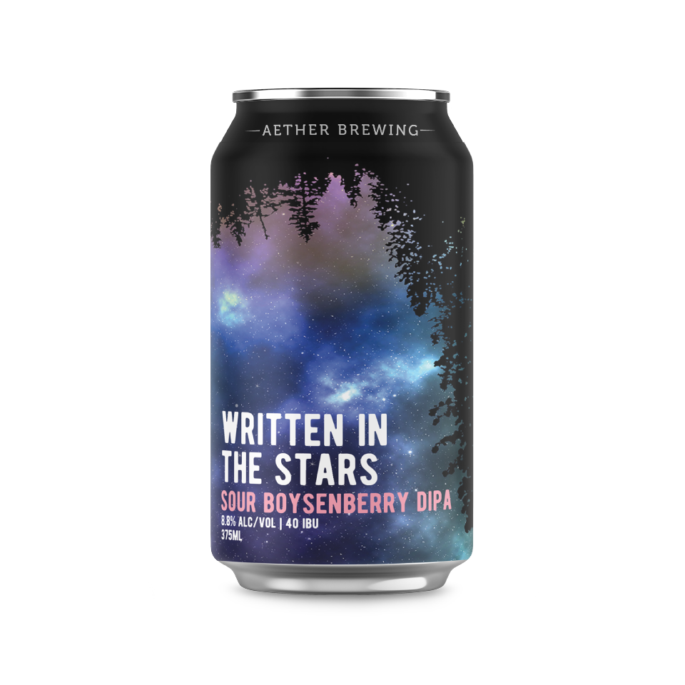 Aether Brewing Written In The Stars – sour boysenberry DIPA – craft beer can with digital illustration by best Australian artist Steve Falco, Queensland – limited edition Australian sour IPA