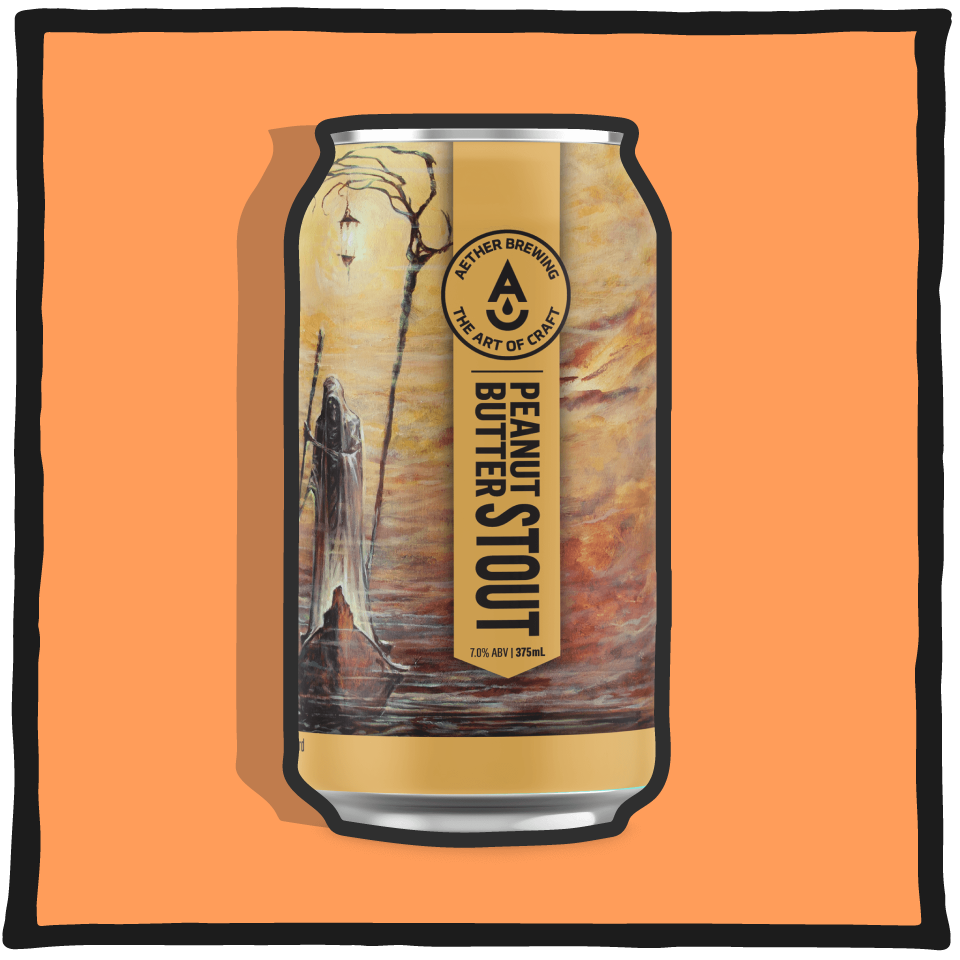 Aether Brewing Stout Peanut Butter V2 – Brisbane peanut butter stout with rich nutty aroma and smooth finish on a orange background