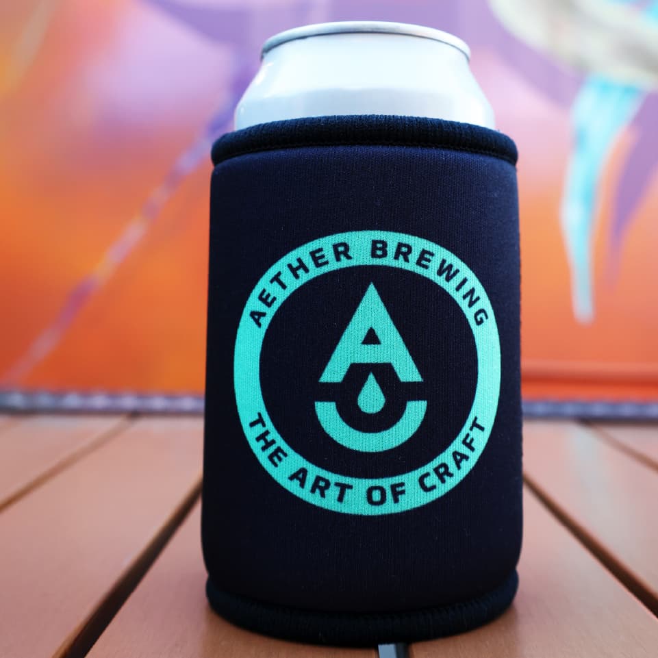 Aether Brewing stubby cooler – green on black design, front view