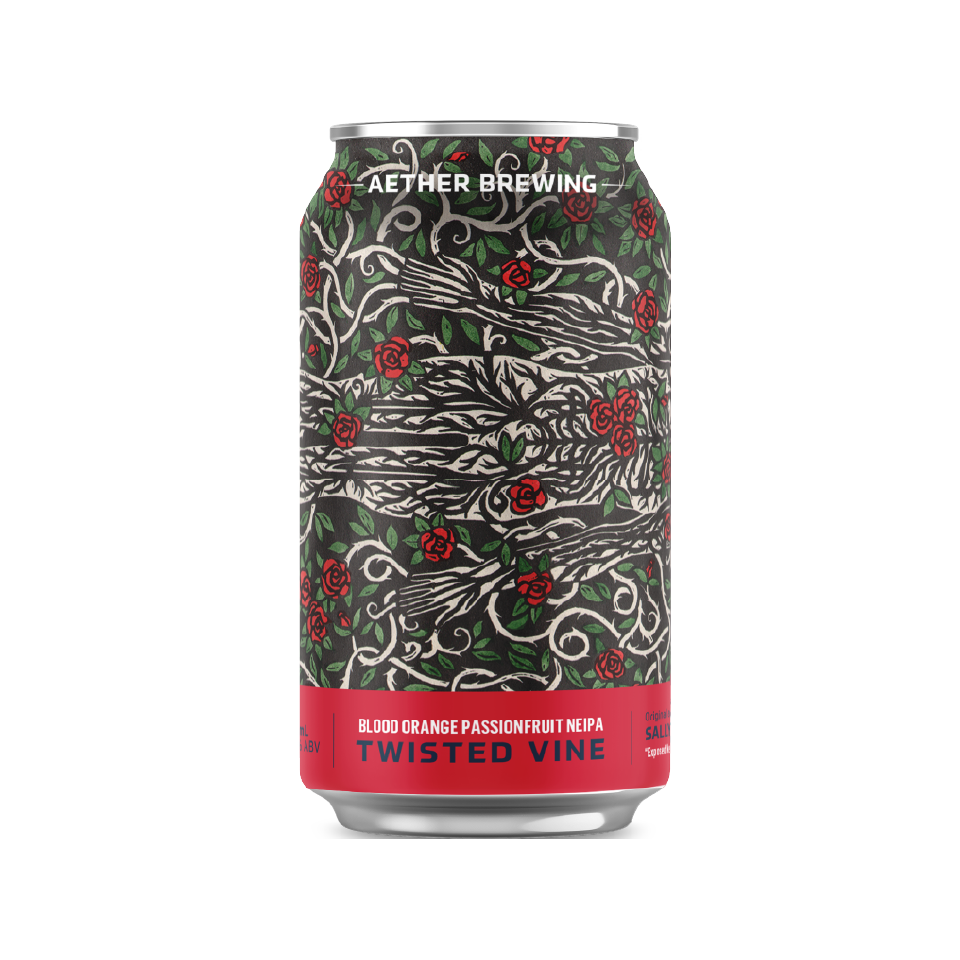 Aether Brewing Twisted Vine – blood orange & passionfruit NEIPA – craft beer can with linocut print art by best Australian artist Sally Heinrich, South Australia – limited edition Australian NEIPA