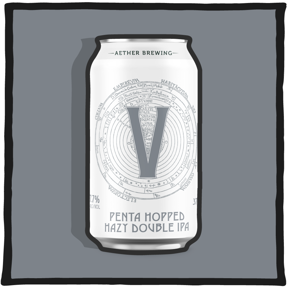 Aether Brewing V Penta Hopped Hazy Double IPA – Brisbane hazy double IPA hopped five ways for juicy tropical flavour on a silver background