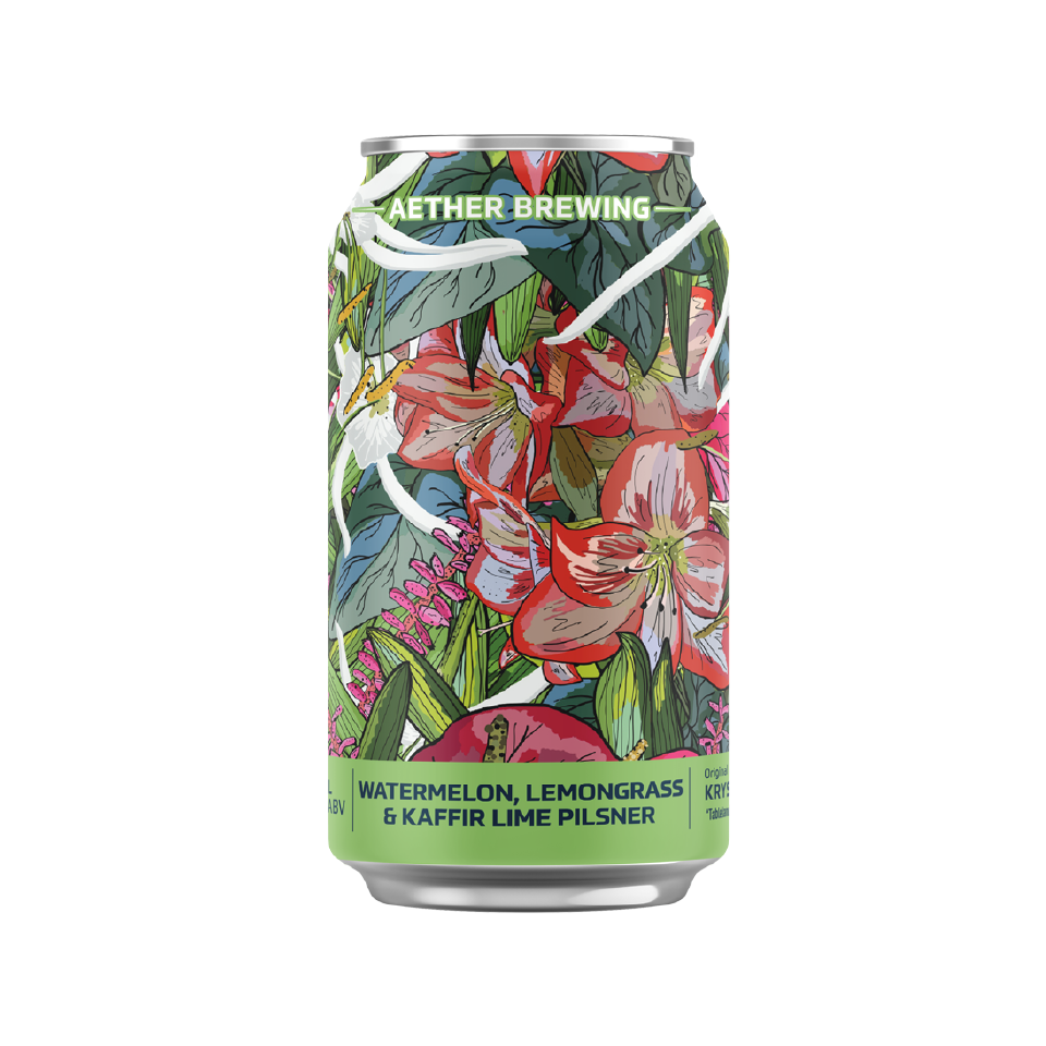 Aether Brewing Watermelon, Lemongrass & Kaffir Lime Pilsner – tropical bright pilsner – craft beer can with digital illustration by best Australian artist Krystal Knafl, Queensland – limited edition Australian lager