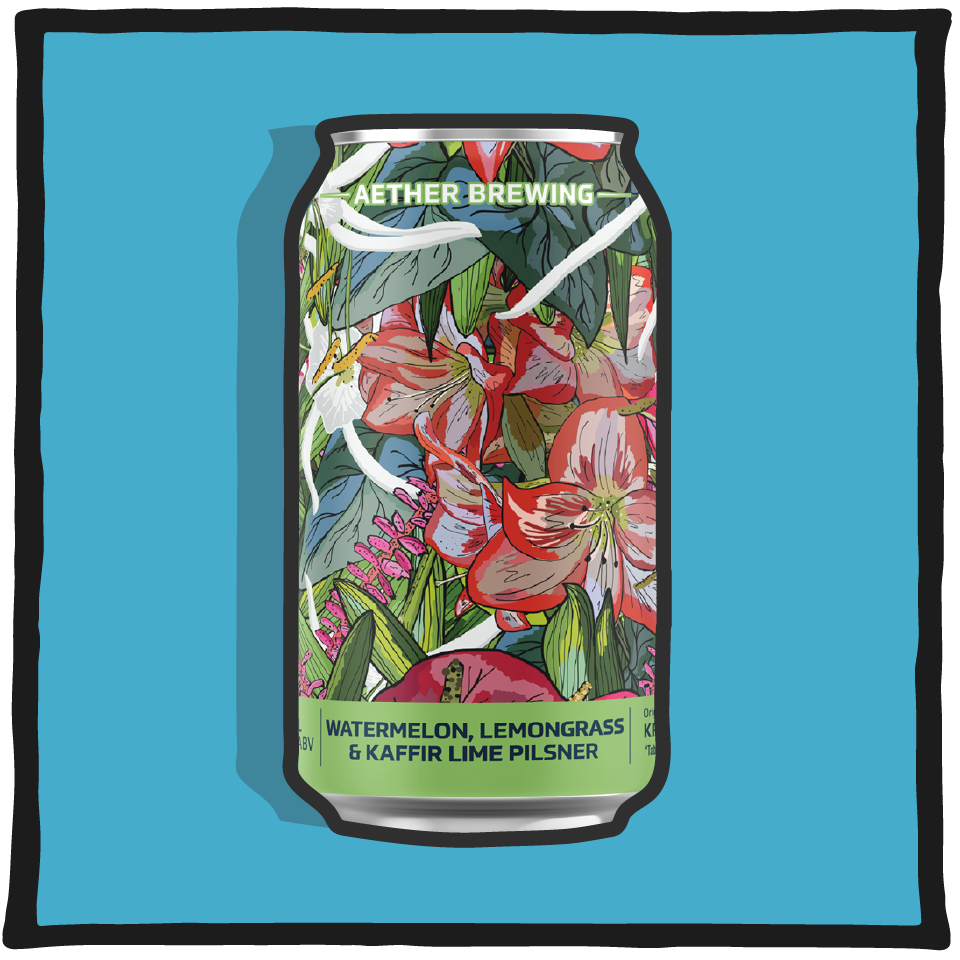 Aether Brewing Watermelon Lemongrass Kaffir Sour – Brisbane sour beer brewed with watermelon, lemongrass, and kaffir lime on a sky blue background