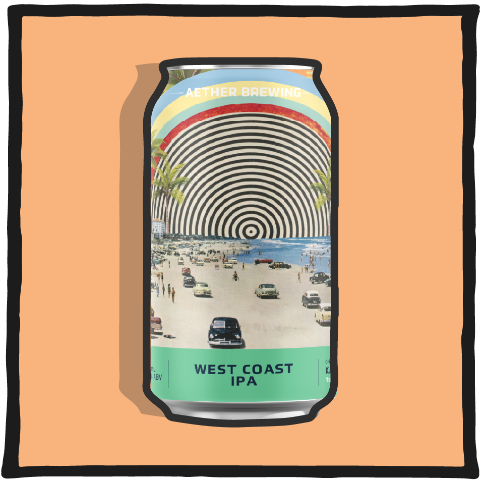2022-2024 beer can of Aether West Coast IPA with a beach scene design on an orange background