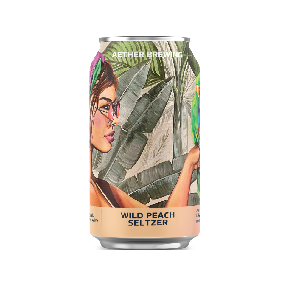 Aether Brewing Peach Seltzer (2022) – crisp peach hard seltzer – craft beer can with artwork by Australian artist Lavinia Letheby, Queensland – limited edition Australian seltzer