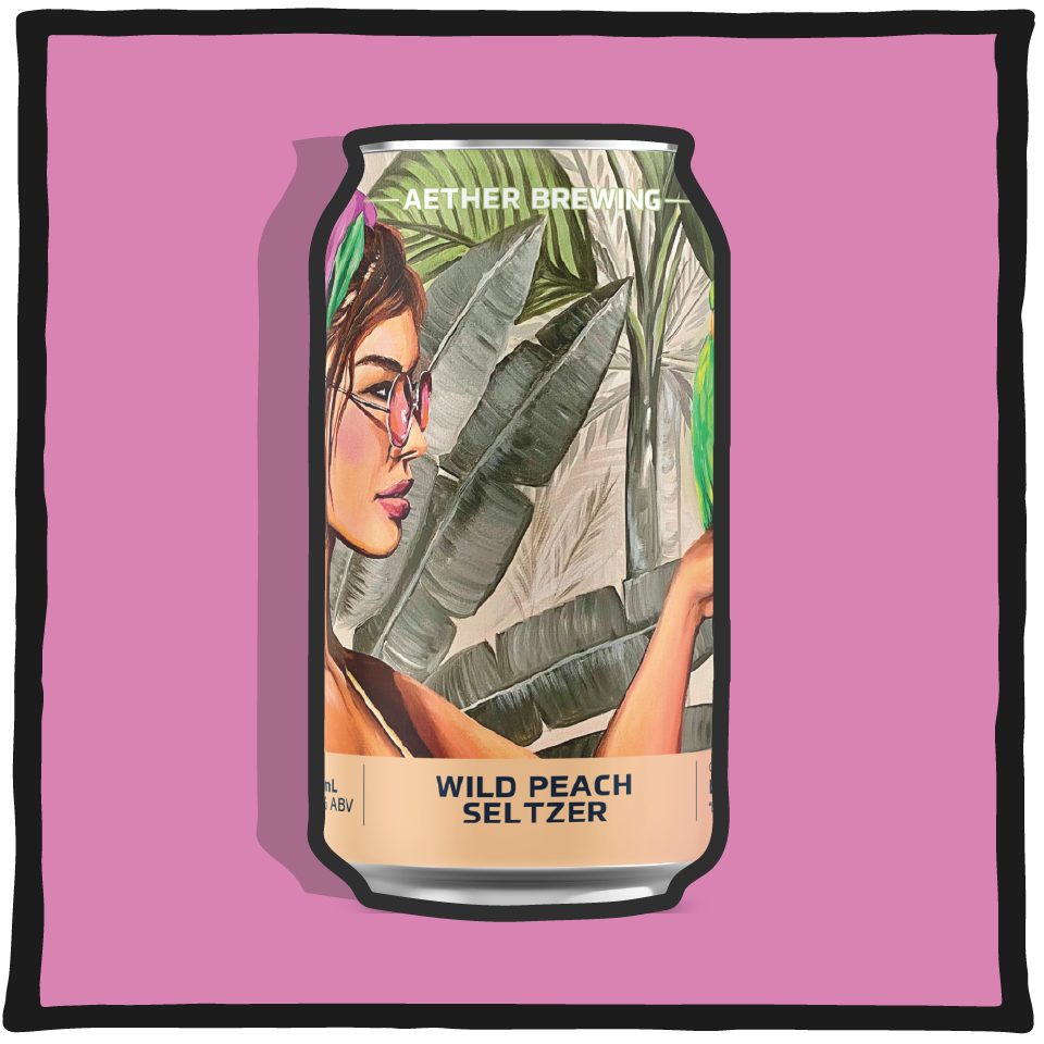Can of Aether Brewing Wild Peach Seltzer with a woman's face and leaves on a pink background