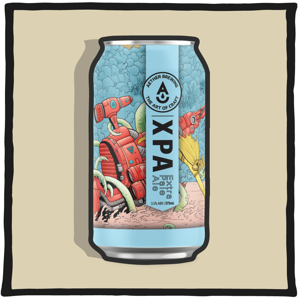 Aether Brewing XPA – Brisbane mid-strength extra pale ale with tropical hop aroma and light malt balance on a sandy brown background
