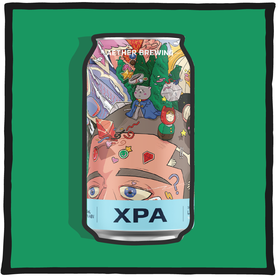 Aether Brewing XPA V2 – updated Brisbane extra pale ale with tropical hop notes on a green background