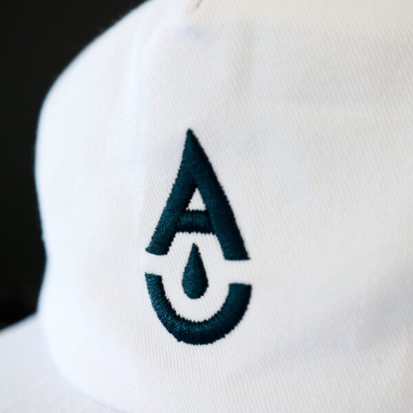 Aether Brewing White 5 panel flat peak cap logo